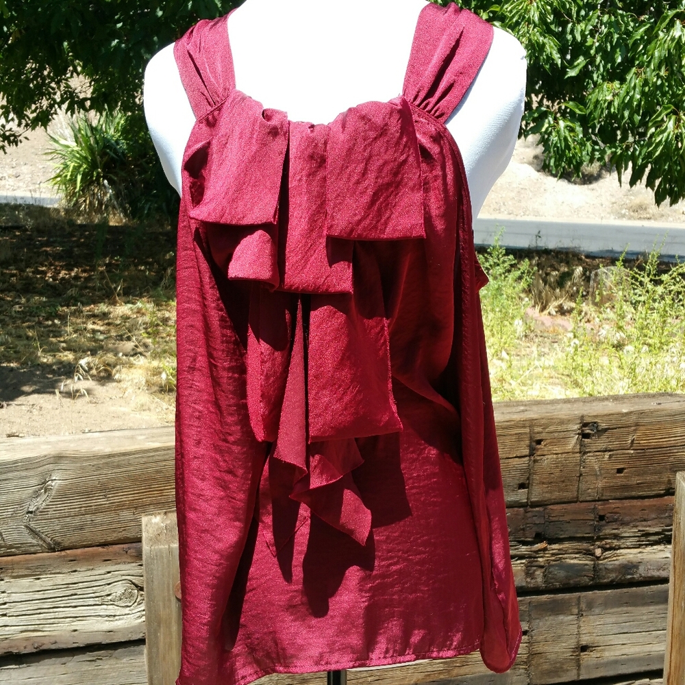 Ispiri ruffled sleeveless burgundy satin blouse